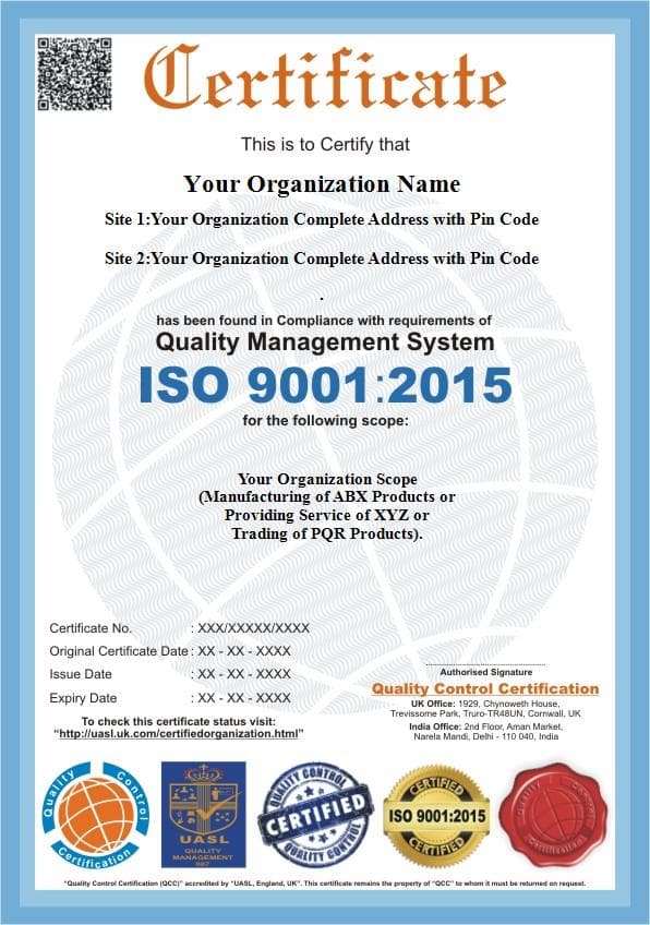 QCC ISO 9001:2015 certificate of accreditation