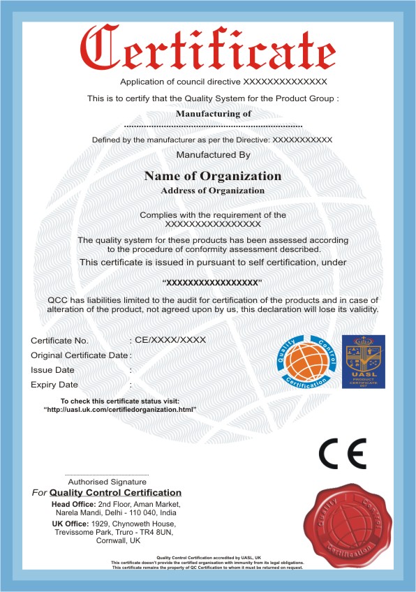CE Marking sample certificate