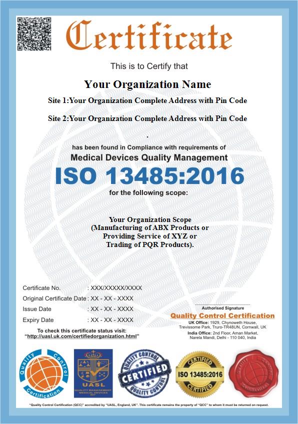 ISO 13485:2016 sample certificate