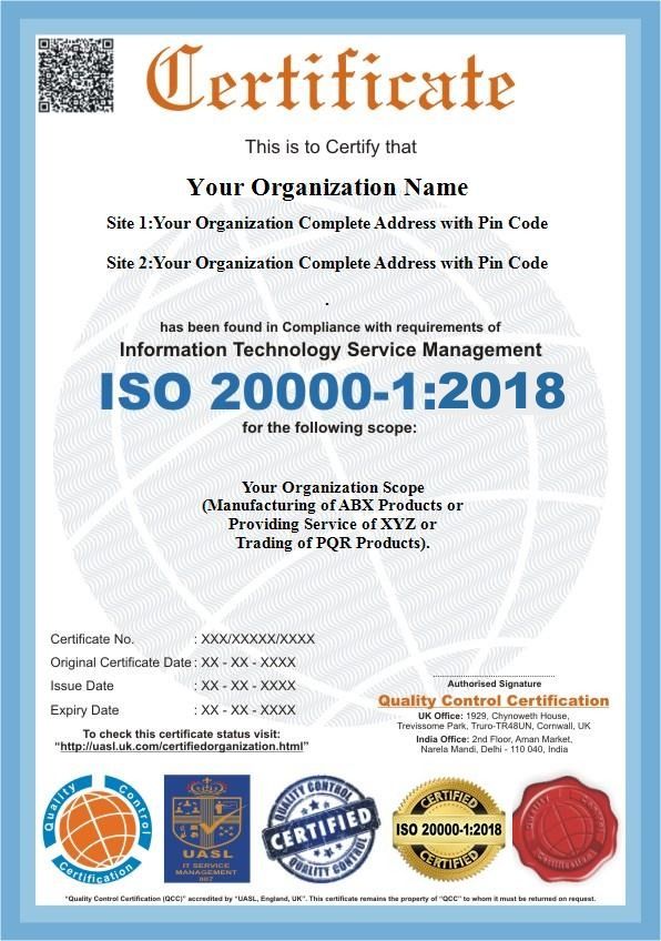 ISO/IEC 20000-1:2018 sample certificate