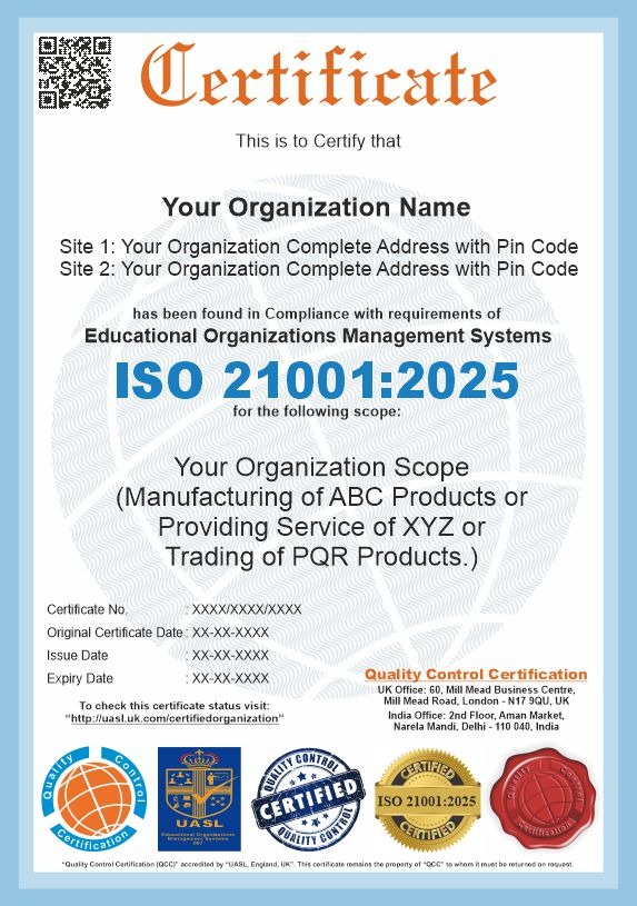 ISO 21001:2025 sample certificate