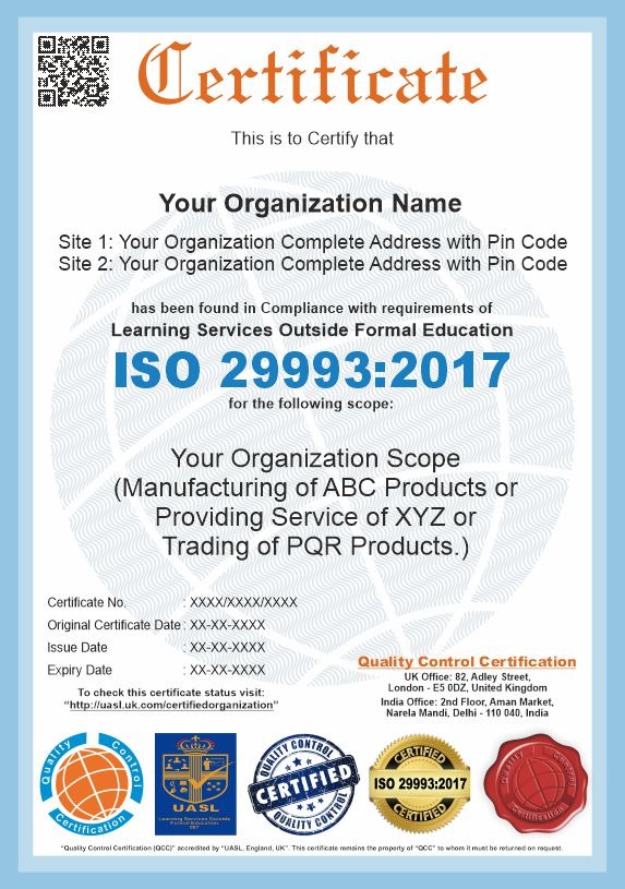 ISO 29993:2017 sample certificate
