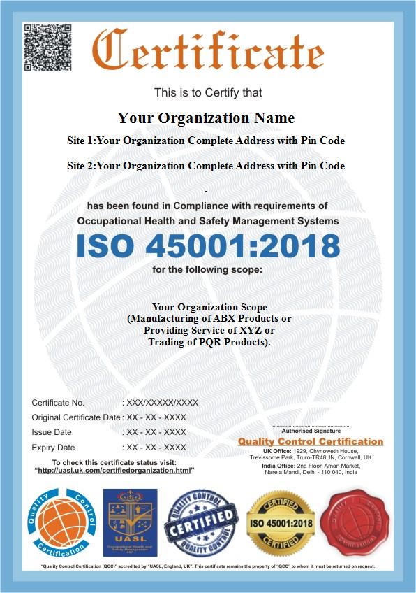 ISO 45001:2018 sample certificate