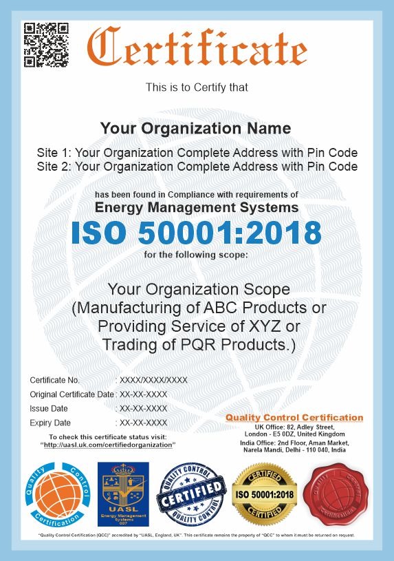 ISO 50001:2018 sample certificate